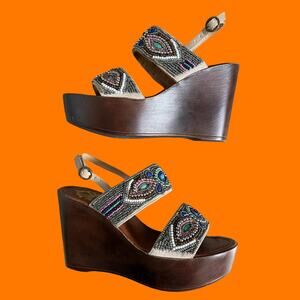 00's vintage faux wooden boho beaded y2k platform wedges Size 6 fergalicious